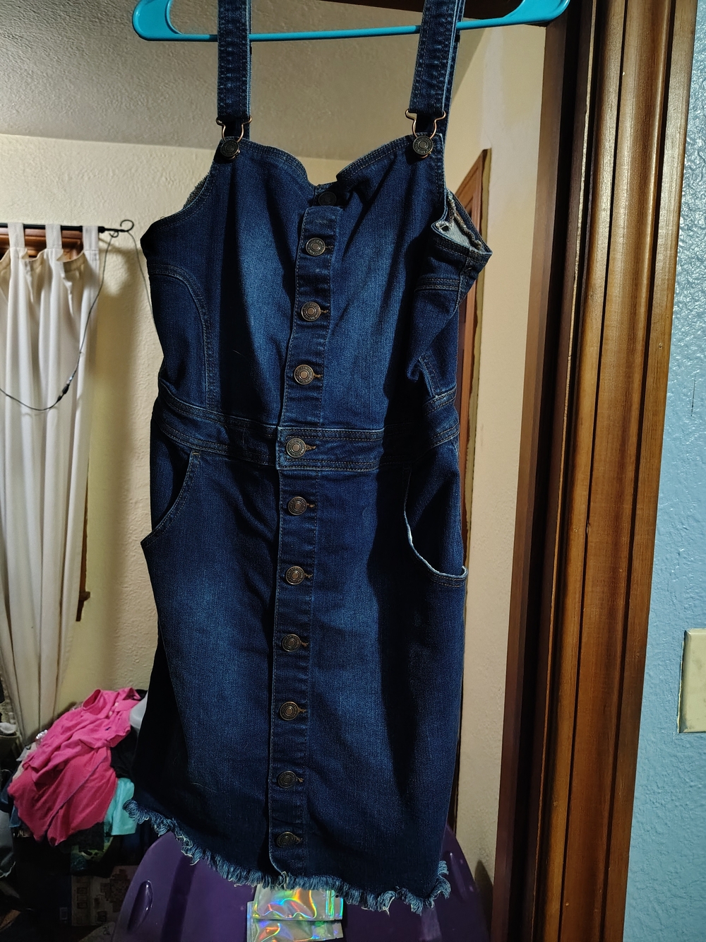 Wax Jean Dark Indigo Button-Front Denim Overall Dress